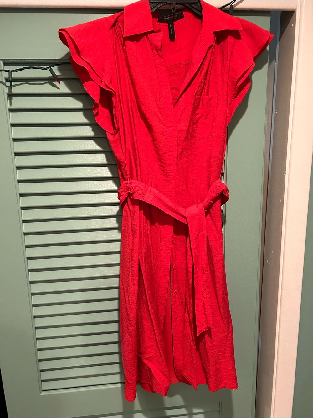 BCBGMaxAzria Bright Red Button-Front Midi Dress with Flutter Sleeves